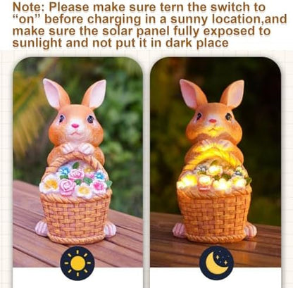Fairy Garden Statues,Fairy Garden House with Solar Powerd Night Light,Yard Decorations Outdoor Fairy Garden Accessories Decor for Outside (Rabbit Flower Basket)