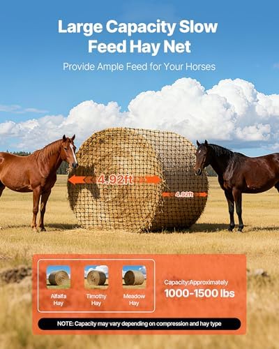 VEVOR Round Bale Hay Net, 4.92 x 4.92 x 4.92 ft, 1.75 inch Holes, PE Material, Reinforced Knotted Design, with Zip Ties, Needle Shuttle, and Repair Twine, Slow Feeder Round Bale Net for Horses