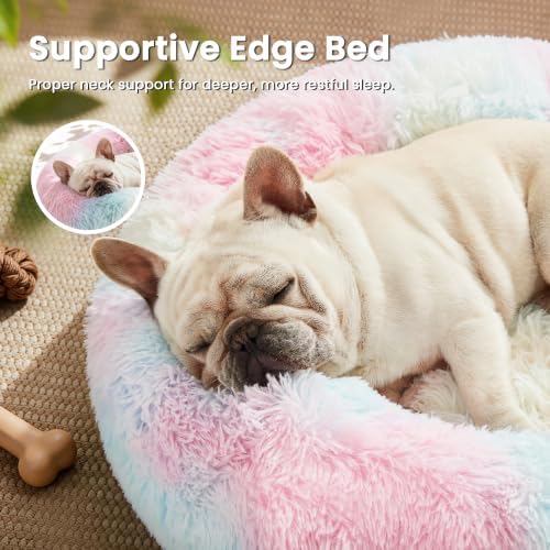 Love's cabin Calming Cat Bed for Indoor Cats, Anti-Anxiety Donut Round Dog Bed,Fluffy Faux Fur Washable Pet Bed for Small Medium Dogs and Cats, Rainbow, 24in