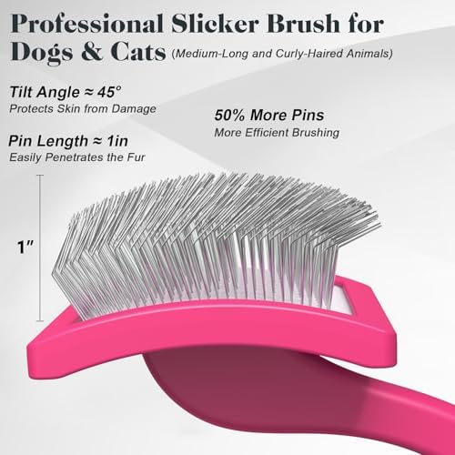 2PCS Slicker Brush for Dogs & Pet Comb,Professional Dog Grooming Brush (Goldendoodles,Poodles,Labradoodles) with Extra Long Pins to Effectively Remove Tangles, Knots and Mats (Pink, Large)