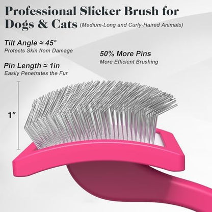 2PCS Slicker Brush for Dogs & Pet Comb,Professional Dog Grooming Brush (Goldendoodles,Poodles,Labradoodles) with Extra Long Pins to Effectively Remove Tangles, Knots and Mats (Pink, Large)