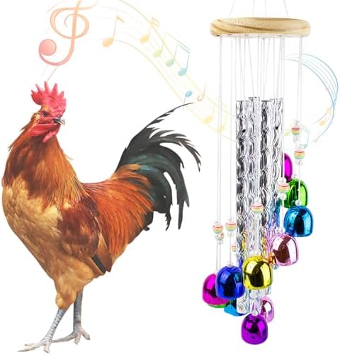 Chicken Toys for Coop, Chicken Wind Chime Enrichment Toys, Hanging Chick Peck Toy with 4 Aluminum Tubes 11 Bells, Chick Musical Coop Accessories