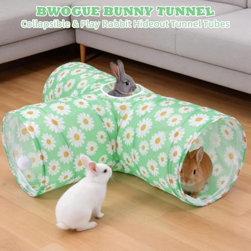 BWOGUE Bunny Tunnels & Tubes, 3-Way Collapsible Rabbit Hideout for Bunnies