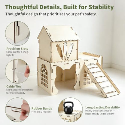 Rypet Extra Large Wooden Rabbit Castle, Bunny House Hideout with Stairs