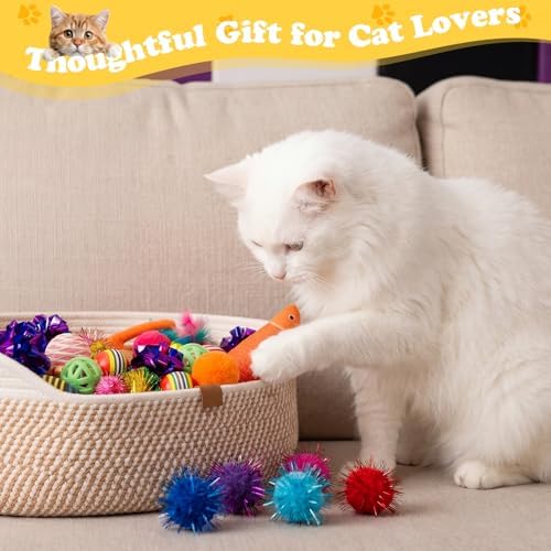 Leitee 40 Pcs Cat Toys with Cat Bed Storage Basket, White,Yellow