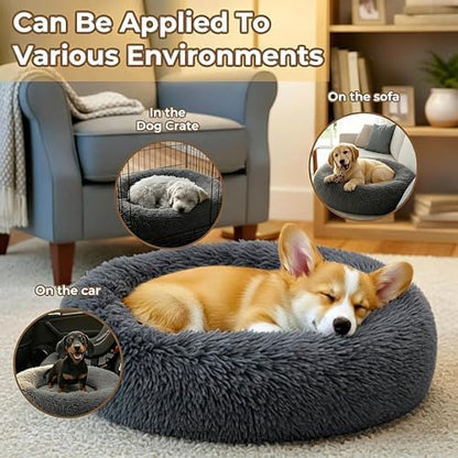 Calming Donut Dog and Cat Bed for Indoor Cats, Anti-Anxiety Round Fluffy Soft Washable Small Pet Bed for Puppy and Kitten, Warming Comfortable Luxury Anti-Slip Waterproof Mute Base 20in Dark Gray