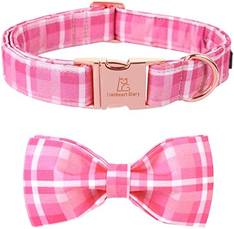 Lionheart glory Pink Plaid Dog Collar, Adjustable Dog Collar with Bowtie, Pet Gift Girl Collar for Dog Soft Bowtie Dog Collars for X-Large Dogs