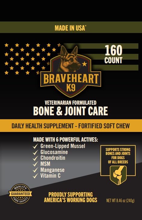 Dog Joint Supplement – Hip & Joint Chews for Dogs | Glucosamine, Chondroitin, MSM & Green Lipped Mussel | Supports Mobility & Cartilage | Braveheart K9 | Made in USA