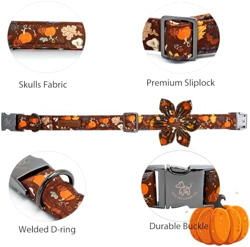 Elegant little tail Fall Dog Collar, Halloween Pet Collars with Bow Cute Pumpkin Print Puppy Collar Female or Male Cotton Adjustable Collars for Small Medium Large Dogs