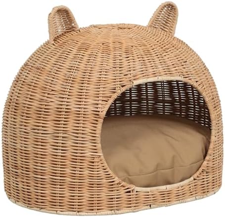 CBD1000B Cat Ear 20" x 14.5" Handwoven Water Hyacinth Pet Bed, Wicker Cat Hideaway Dome with Machine-Washable Cushion, Coastal Woven Pet House for Cats and Small Dogs, Light Brown