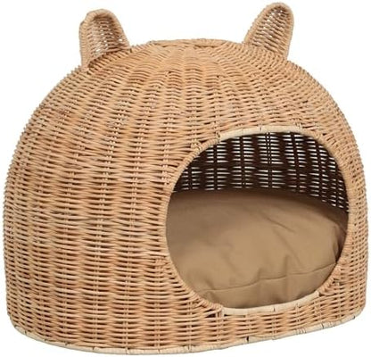 CBD1000B Cat Ear 20" x 14.5" Handwoven Water Hyacinth Pet Bed, Wicker Cat Hideaway Dome with Machine-Washable Cushion, Coastal Woven Pet House for Cats and Small Dogs, Light Brown