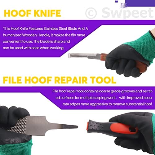 Swpeet 8Pcs Professional Farrier Tools Value Kit with Roll Pack, Horses Hoof Trimmers Shears Tools, Hoof Cutter, Farrier Rasp File and Rubber Handle, Hoof Nipper, Horseshoe Brush, Hoof Knife
