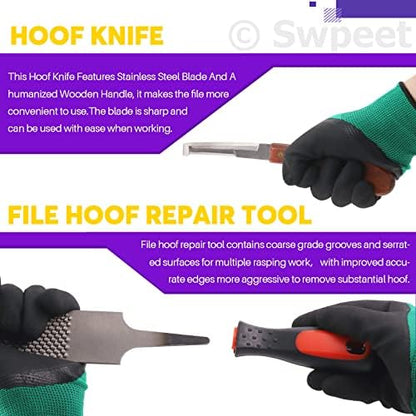 Swpeet 8Pcs Professional Farrier Tools Value Kit with Roll Pack, Horses Hoof Trimmers Shears Tools, Hoof Cutter, Farrier Rasp File and Rubber Handle, Hoof Nipper, Horseshoe Brush, Hoof Knife