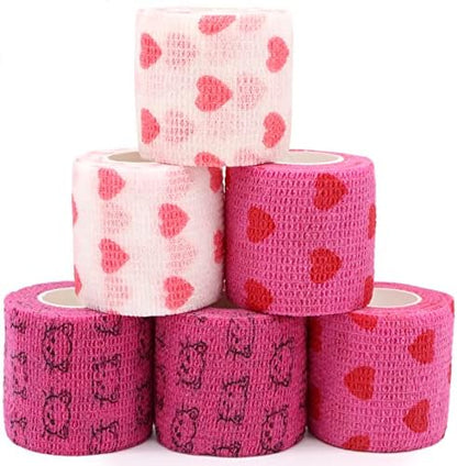 Self Adhesive Bandage Wrap Animal Cohesive Bandage Self Adherent Wrap First Aid Tape for Dogs Cats Horses Birds & Wrist Healing Ankle Sprain (2 Inch Heart 6 Rolls)