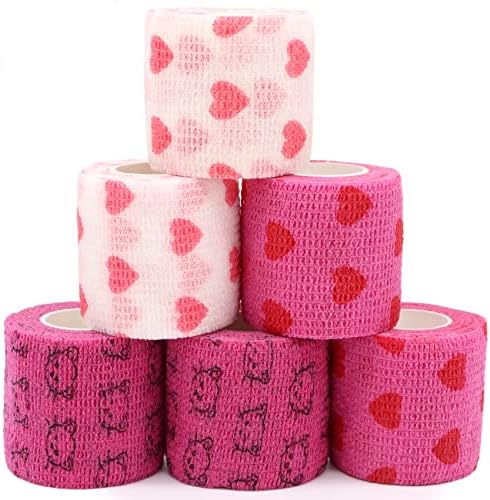 Self Adhesive Bandage Wrap Animal Cohesive Bandage Self Adherent Wrap First Aid Tape for Dogs Cats Horses Birds & Wrist Healing Ankle Sprain (2 Inch Heart 6 Rolls)