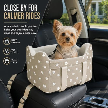 Dog Car Seat for Small Dogs (Under 15 lbs) – Center Console Pet Carrier with Safety Belt, Storage Pockets & Removable Washable Cover (Khaki Car Seat)