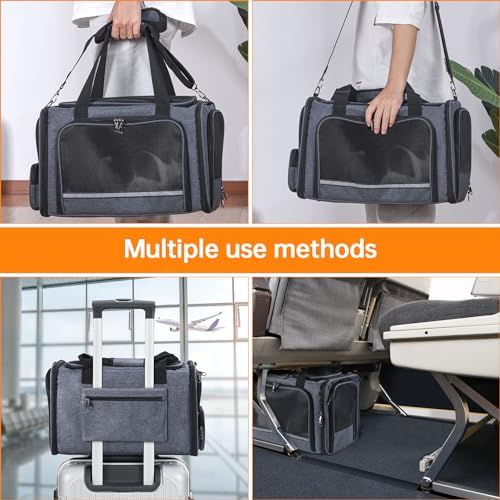 Cat Carrier Pet Travel Carrier by Airplane Approved Under seat, TSA Airline Approved Soft-Sided Dogs Carrier Bag for cat,Dogs,17.5 x 8.5 x 11 inches,Grey