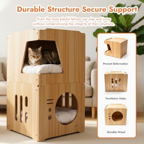 Large 2double-Deck Cat Fort for Pet Cat Cave for Indoor Cats Cat House for Multi Pet Large Kitten Kitty Cat Bed Wooden Style 15 * 15 * 30 inches (2layer)