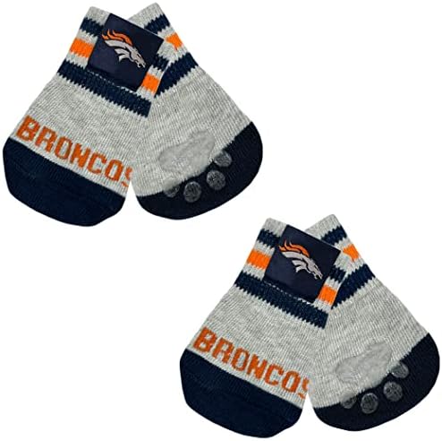 NFL Denver Broncos Anti Slip Dog Socks with Elastic Ribbed Top, Size X-Small/Small. Indoor/Outdoor Socks, Best Dog Paw Protector, 2 Pairs, Cool Puppy Supplies with NFL Logo of Broncos Football Team