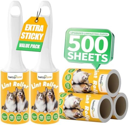 Extra Sticky Lint Roller for Pet Hair, 500 Sheets, 2 Handles