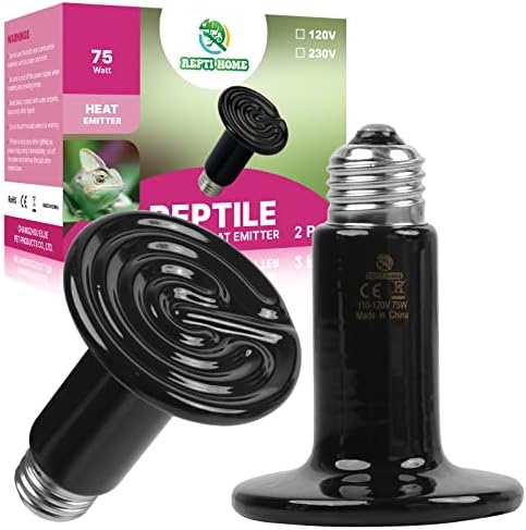 75W Ceramic Heat Emitter (2 Pack), Reptile Heat Lamp Bulbs, Ceramic Heater for Amphibian, Pet Brooder Coop, Chicken, Dog