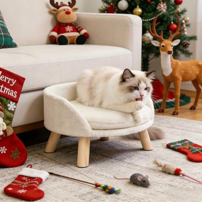 Elevated Dog Bed: Indoor Wooden Dog Chair with Cozy Pad Waterproof - Nordic Doggy Sofa Chair with Sturdy Wood Legs Anti Slip for Small Dogs Cats