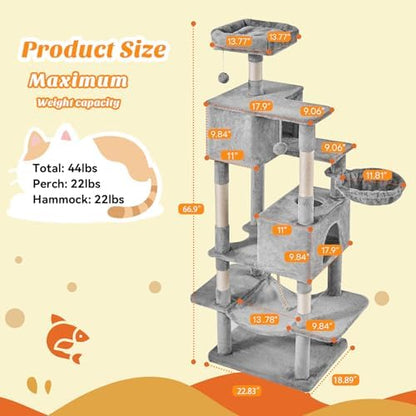 Large 66 Inch Cat Tree Tower with Sisal Scratching Post