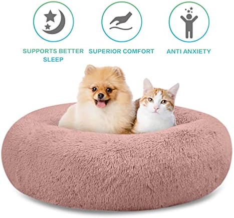 SAVFOX 20 inches Calming Donut Dog Bed - 3X Durable Plush Faux Fur, Machine Washable & Non-Slip, Fits up to 15 lbs, Pink