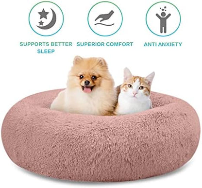SAVFOX 20 inches Calming Donut Dog Bed - 3X Durable Plush Faux Fur, Machine Washable & Non-Slip, Fits up to 15 lbs, Pink