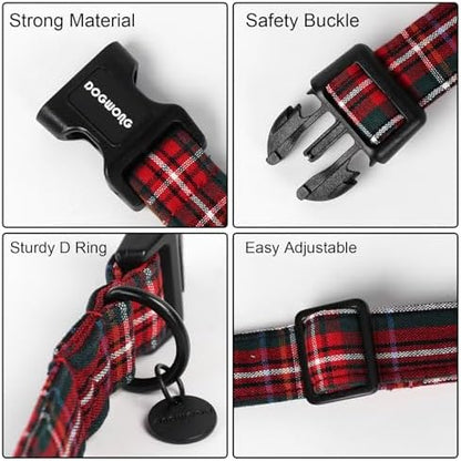 DOGWONG Christmas Cotton Dog Collar, Heavy-Duty Red Plaid Dog Collar Durable Soft Fabric Pet Dog Collars Cute Christmas Checked Puppy Necklace for Small Dogs