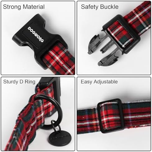 DOGWONG Christmas Cotton Dog Collar, Heavy-Duty Red Plaid Dog Collar Durable Soft Fabric Pet Dog Collars Cute Christmas Checked Puppy Necklace for Small Dogs