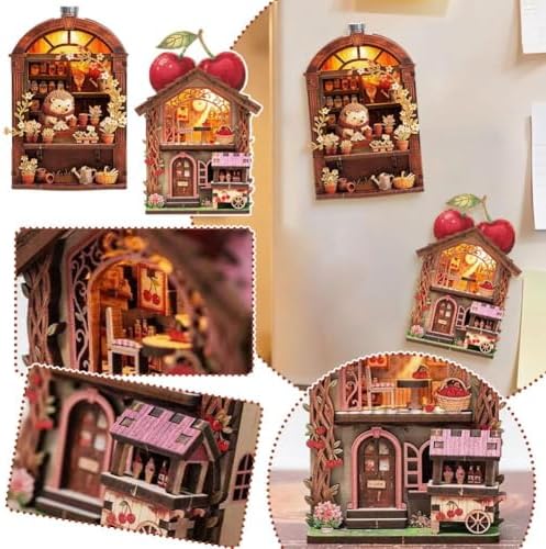 DIY Miniature Wooden House Model Fridge Magnet Kit, Magnet Building Hedgehog Doll House Mini Kits with Led Light for Refrigerator & Desk Bookshelf Decor, for Adults,Beginners, 3D Puzzles Crafts Gifts