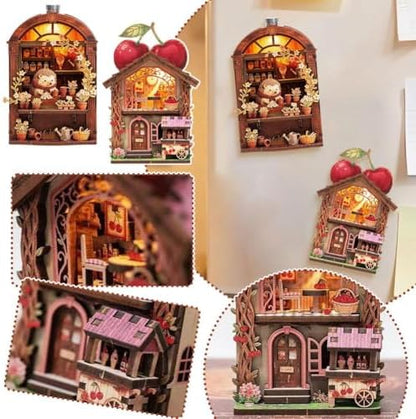 DIY Mini Wooden House Model Kit with LED Light, Magnetic Back Miniature Scene Decor, Compact Handmade Craft Ornament for Fridge Desktop Gift (Pizza)