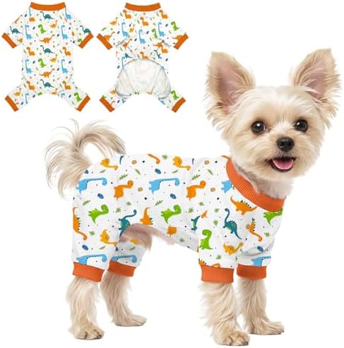 Dog Pajamas for Small Medium Dogs Pjs Orange Dinosaurs Dog Onesie Breathable Puppy Pj Pet Stretchy Soft Sleepwear for Spring Summer Costume-S