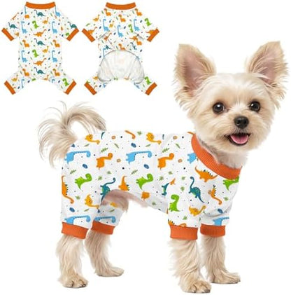 Dog Pajamas for Small Medium Dogs Pjs Orange Dinosaurs Dog Onesie Breathable Puppy Pj Pet Stretchy Soft Sleepwear for Spring Summer Costume-S