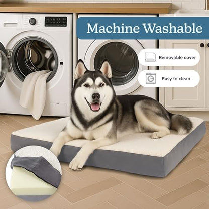 Orthopedic Dog Bed - 2-Layer 44x35-Inch Memory Foam Pet Mattress with Machine-Washable Sherpa Cover for Large Dogs up to 100lbs by PETMAKER (Gray)