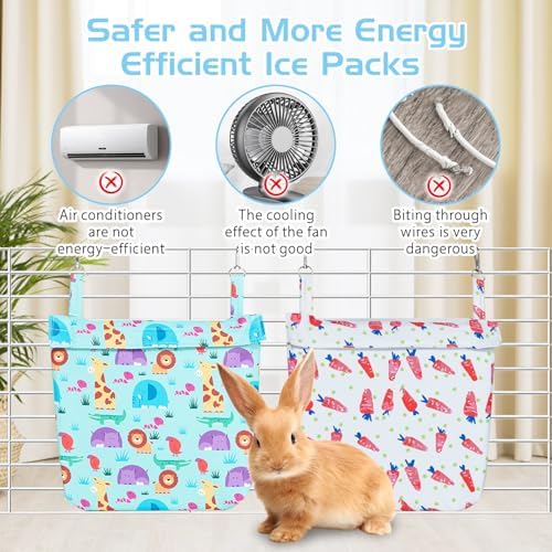 Hamiledyi Rabbit Cooling Pouch with Ice Pack - No Condensation Pad for Bunny Cage Accessories, Washable Cooling Mat for Small Animals,Ferret, Guinea Pig, Chinchilla(Carrot and Animal Pattern, 2kits)