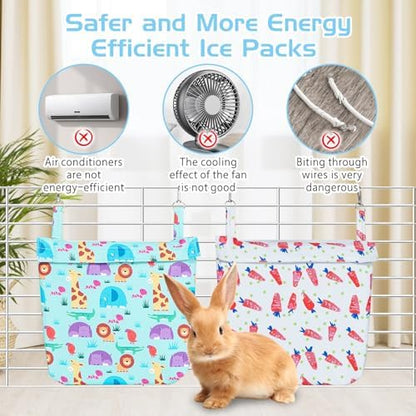 Hamiledyi Rabbit Cooling Pouch with Ice Pack - No Condensation Pad for Bunny Cage Accessories, Washable Cooling Mat for Small Animals,Ferret, Guinea Pig, Chinchilla(Carrot and Animal Pattern, 2kits)