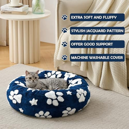 Round Cat Beds for Indoor Cats, Small Donut Dog Beds, Navy Blue, 20"