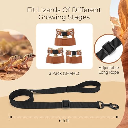 3 Pack Bearded Dragon Leash and Harness Set 3 Size Adjustable Lizard Harness Bearded Dragon Outfits for Reptile Small Animals Training Walking, Easy to Put on and Take Off (Brown)