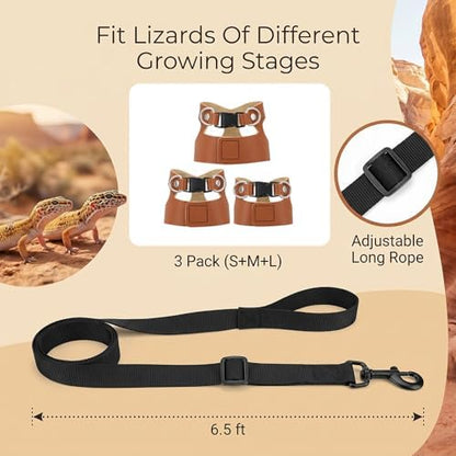 3 Pack Bearded Dragon Leash and Harness Set 3 Size Adjustable Lizard Harness Bearded Dragon Outfits for Reptile Small Animals Training Walking, Easy to Put on and Take Off (Brown)