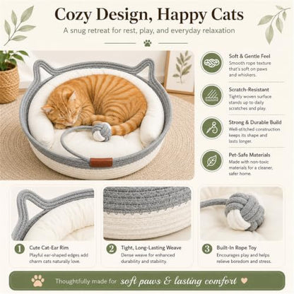 Instinct Cat Basket Bed, Handwoven Cotton Rope Cat Bed with Toy Ball and Cat Ear Handles, Breathable Scratch-Friendly Round Woven Basket for Indoor Cats and Kittens Grey