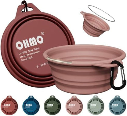 OHMO Large Collapsible Dog Bowls, Steel Rim, 27oz, 2pcs, Coral&Brick Red