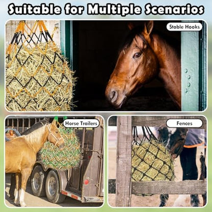 3PCS Hay Net for Horses - Ultra Slow Feed Hay Net with 3 Pairs Gloves, 2.36"x2.36" Holes 40” Horse Slow Feed Hay Nets for Stall, Trailer, Pasture - Heavy-Duty Hanging Feeders (Black+Yellow+Green)