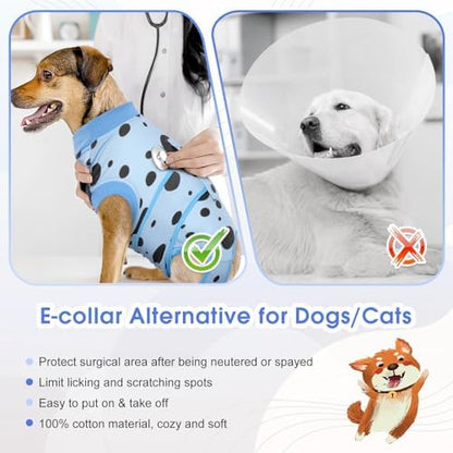 Kuoser Dog Surgery Suit, Soft Dog Spay Recovery Suit Female, Anti Licking Neuter Recovery Suit for Male Dogs, Post-Op Pet Surgical Suit Protective Wear E-Collar & Cone Alternative,Blue Polka Dots XL