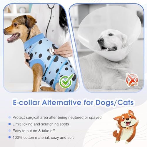 Kuoser Dog Surgery Suit, Soft Dog Spay Recovery Suit Female, Anti Licking Neuter Recovery Suit for Male Dogs, Post-Op Pet Surgical Suit Protective Wear E-Collar & Cone Alternative,Blue Polka Dots L