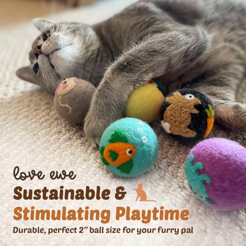 Love Ewe Wool Cat Toys Ball 3 Pack, 2-inch Cat and Mouse