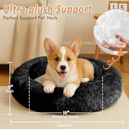 JOLLYVOGUE Calming Dog Bed for Small Dogs - 23 inches Donut Washable Small Dog Bed for Kittens & Puppies, Anti-Slip Round Fluffy Plush Faux Fur Cat Beds (Fits up to 25 lbs Pets, Black)