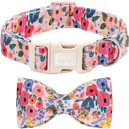 Dog Collars, Spring Blue Flower Print Cotton Collar Light Pink Adjustable Light Plastic Buckle Collar with Bow Pet Collar Gift for Small Dogs