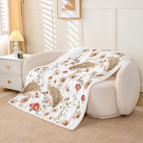 Erosebridal Kids Hedgehog Blanket Throw 50"x60",Cute Floral Mushroom Blankets and Throws for Girls Boys,Wildlife Animal Fleece Blanket Country Cottage Flower Sherpa Blanket for Bed Couch Decor